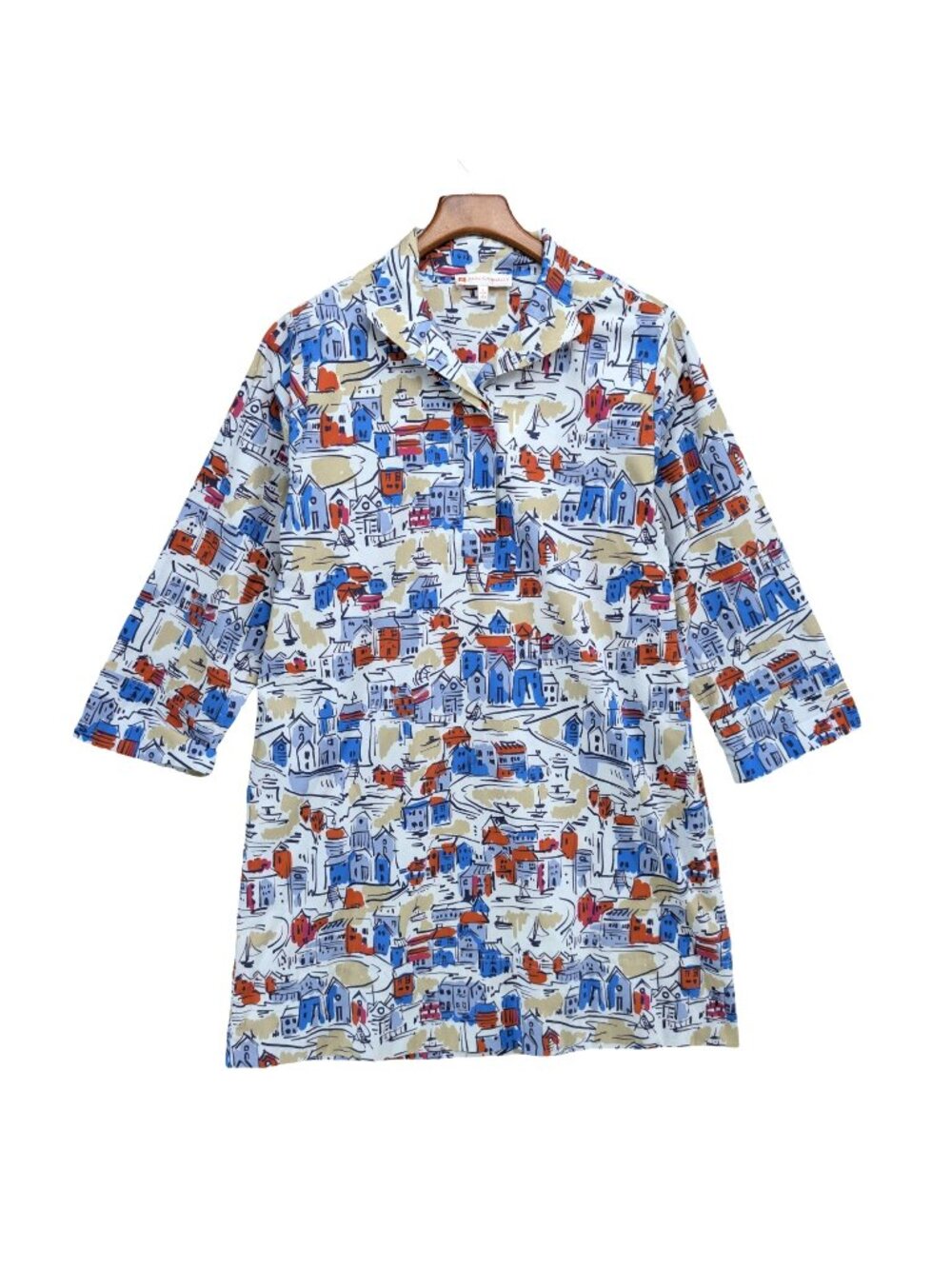Jude Connally Tunic Dress Multi Watercolor Seaside Village 3/4 Sleeve Size L